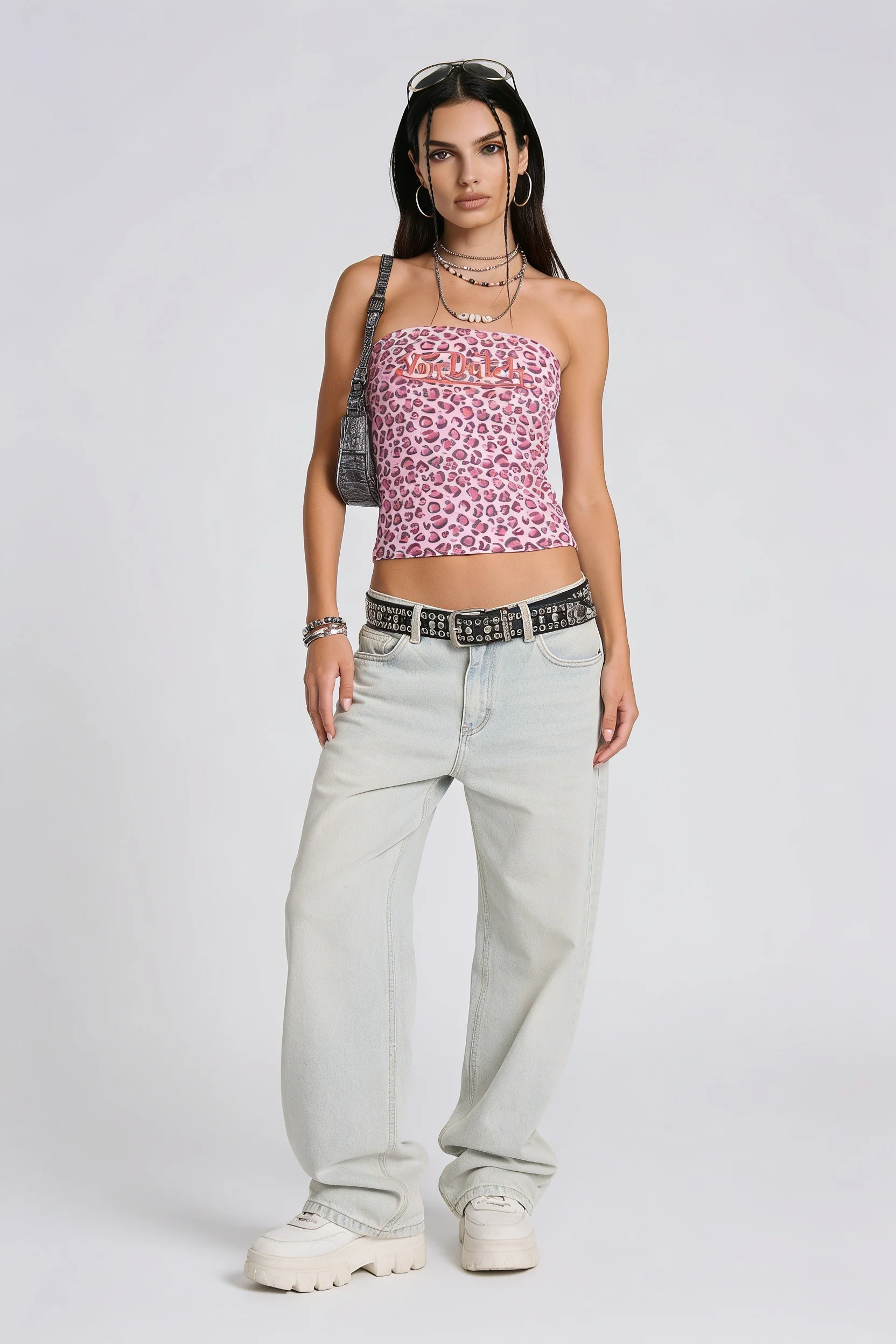 EMBROIDERED LOGO PINK CHEETAH STRAPLESS TOP