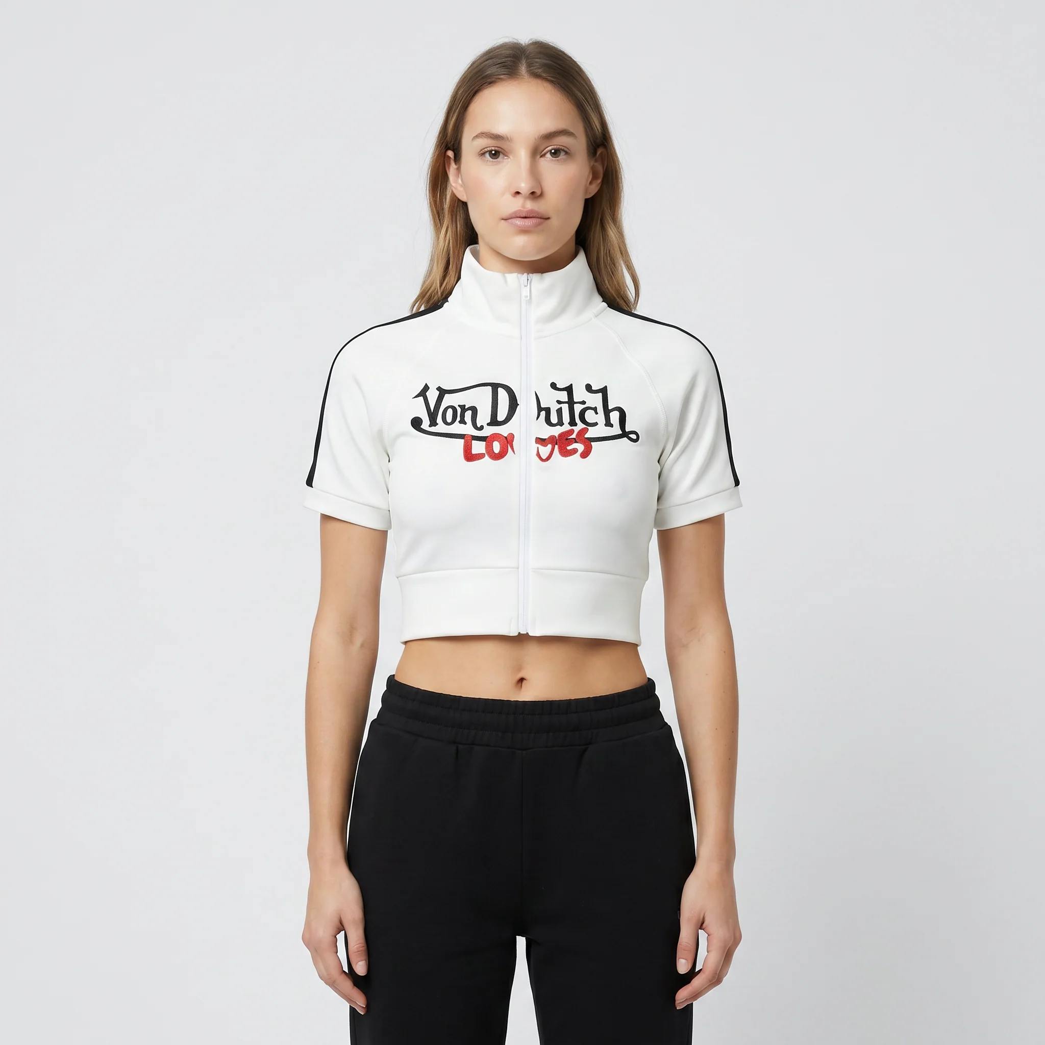 VINTAGE CULTURE X VON DUTCH LOVES HIGH NECK ZIP CROP TOP (WHITE) - Image 3