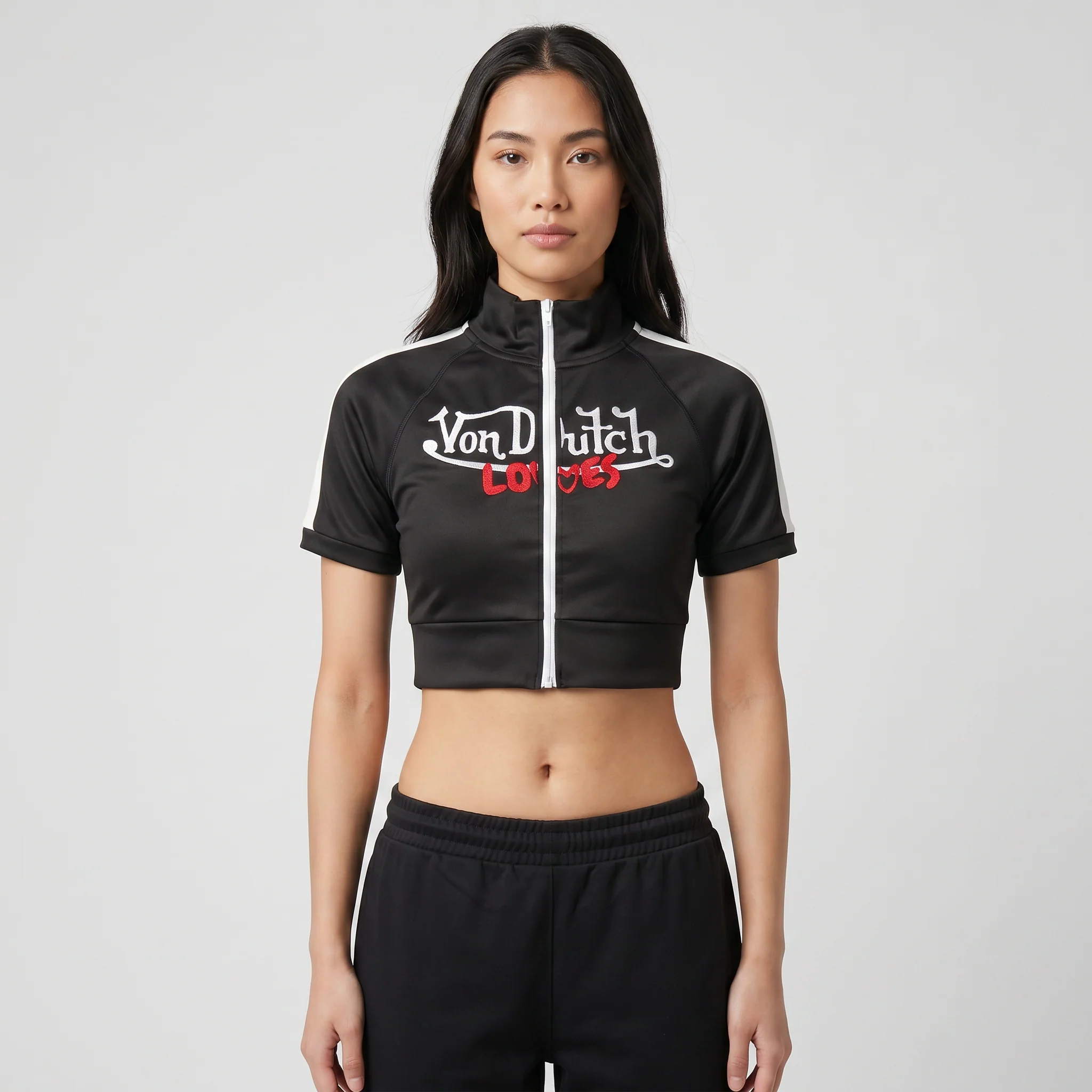 VINTAGE CULTURE X VON DUTCH LOVES HIGH NECK ZIP CROP TOP (BLACK) - Image 3